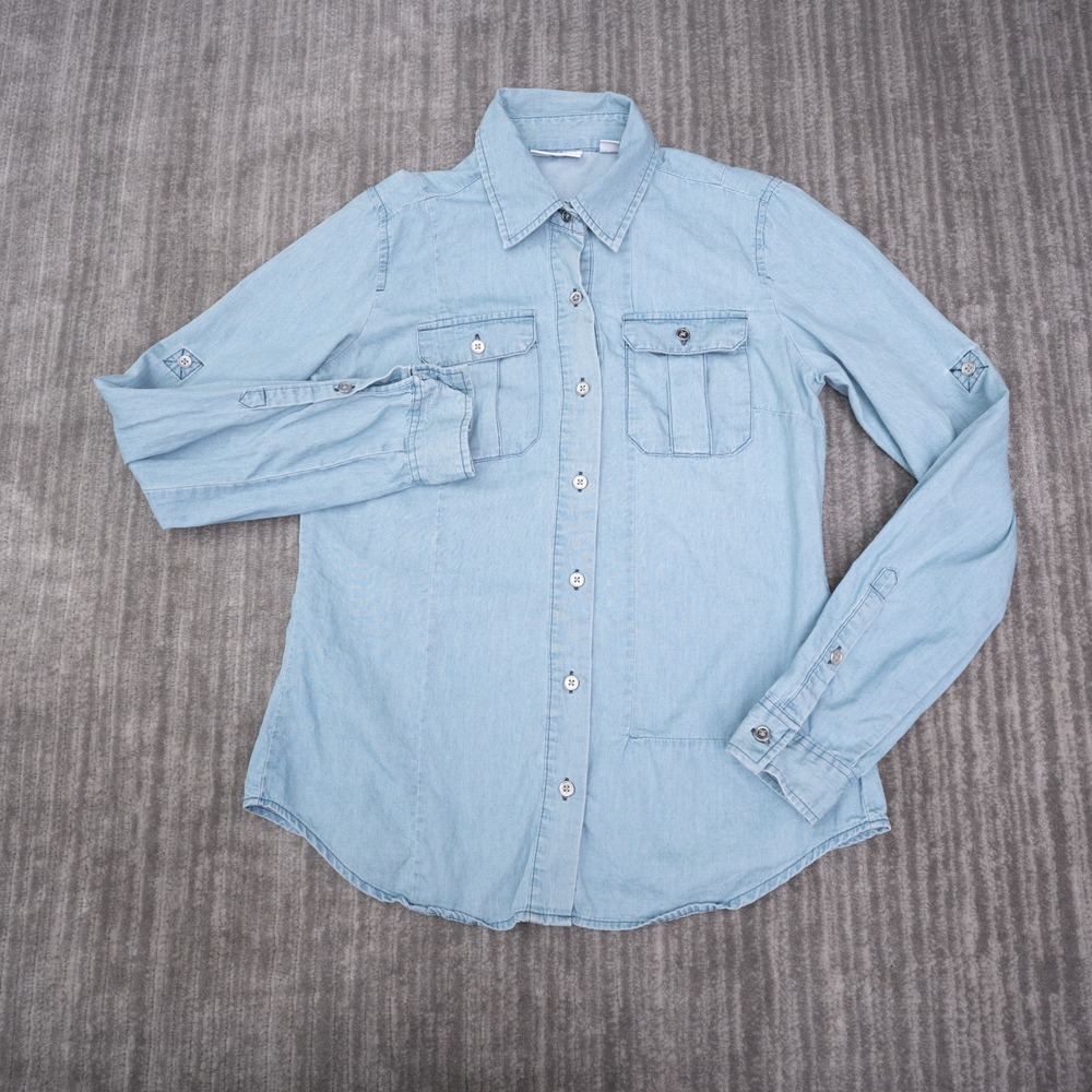 New York & Company Button UP Women XS Blue Excellent Chambray Denim Roll Tab